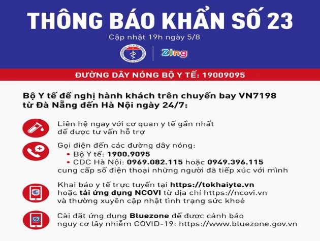Bộ Y tế thông báo khẩn tìm hành khách chuyến bay VN7198 từ Đà Nẵng đến Hà Nội ngày 24/7